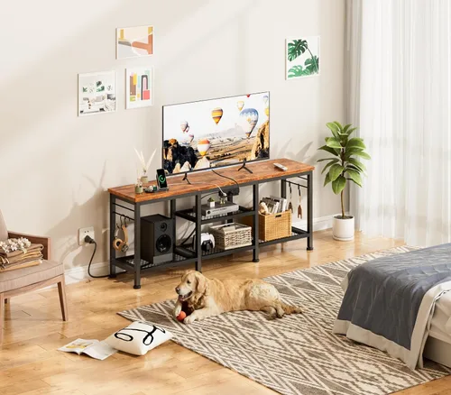 Vista 5 de Furologee - Soporte de TV con tomas de corriente, centro de entretenimiento con estantes de almacenamiento abiertos para televisores de hasta 55