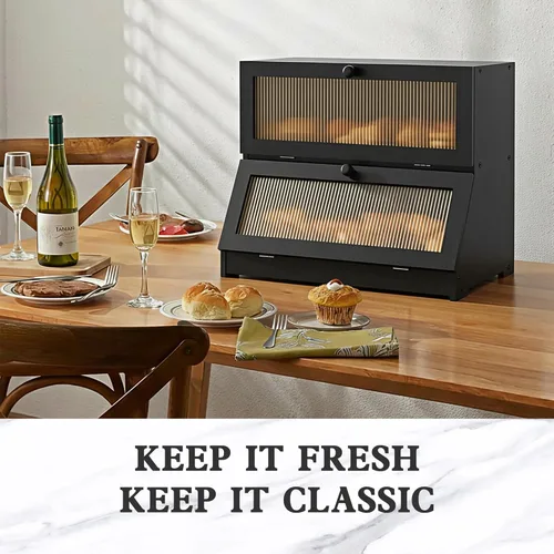 Vista 2 de Lohasok - Panera de bambú de doble capa para encimera de cocina, contenedor de almacenamiento de gran capacidad para pan, panera rústica con ventana
