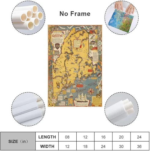 Vista 2 de Impresión artística grande del mapa del estado de Maine, Estados Unidos, alrededor de 1938, lienzo para pared, póster de sala de estar, cuadros e