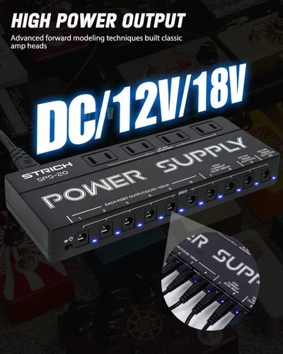Vista 2 de STRICH SPS-20 Fuente de alimentación para guitarra con 10 salidas DC independientes para pedal de efecto de 9 V/12 V/18 V