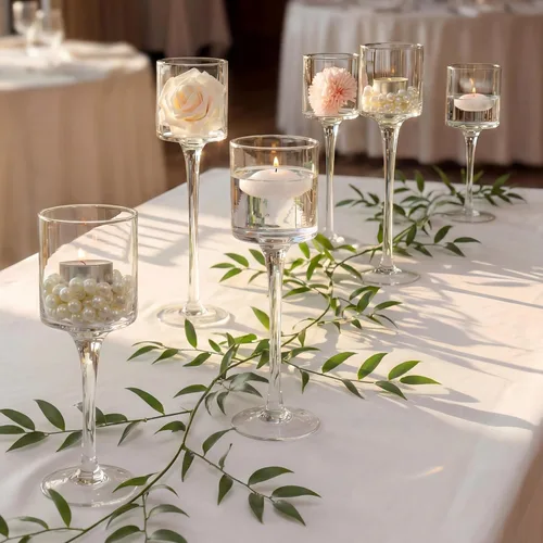 Vista 8 de NUPTIO Portavelas de cristal Tealight: juego de 3 candelabros de tallo largo para centro de mesa de cena, velas flotantes Monet