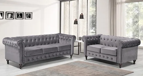 Vista 28 de Teressa Sofá biplaza Chesterfield de terciopelo para sala de estar, apartamento u oficina, sofá moderno de dos plazas de mediados de siglo