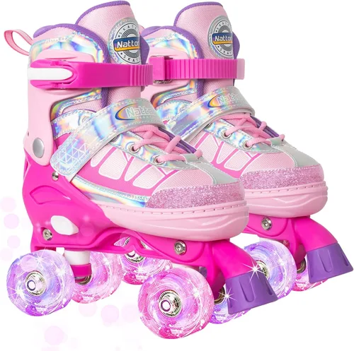 Nattork Roller Skates for Kids Boys Girls, 4 Size Adjustable Rollerskates with Light Up Wheels for Children Beginners for Outdoor Indoor Rosy