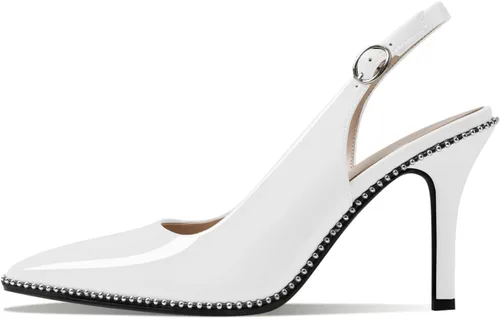 Vista 4 de Zamikoo Zapatos de tacón alto con cuentas para mujer, con puntera puntiaguda, correa de tobillo de 3.5 pulgadas, hebilla ajustable, charol de piel