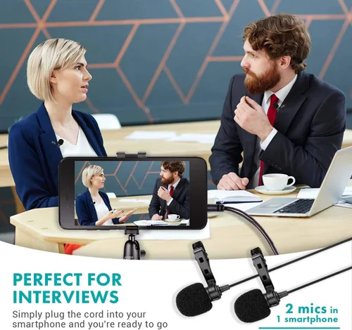 Vista 3 de Movo Lavalier Profesional Lapel Clip-on Entrevista Podcast Micrófono con Micrófono Secundario y Entrada de Monitoreo de Auriculares para iPhone