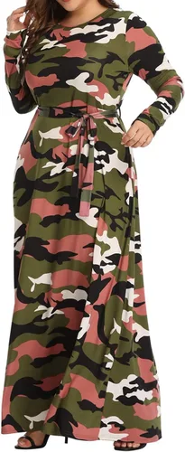 Vista 4 de Vestido largo de camuflaje de talla grande para mujer, vestidos largos estampados de manga larga