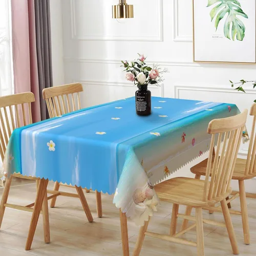 Vista 25 de Mantel oblongo, diseño de playa de 52 x 70 pulgadas, diseño de playa con estrellas de mar y olas de mar, con decoración impermeable y resistente a