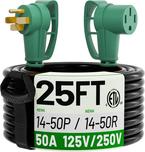 Vista 9 de POWGRN NEMA 14-50P a NEMA 14-50R Cable de extensión de alimentación de 50 amperios para RV/EV de 30 pies al aire libre con mango de agarre, cable