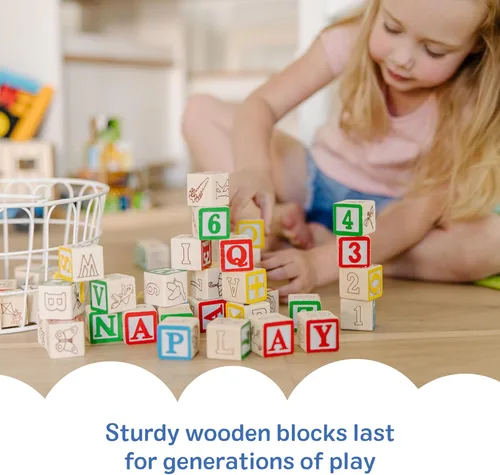 Vista 4 de Melissa & Doug Juego de bloques de madera ABC/123 de lujo de 1 pulgada con bolsa de almacenamiento (50 piezas)