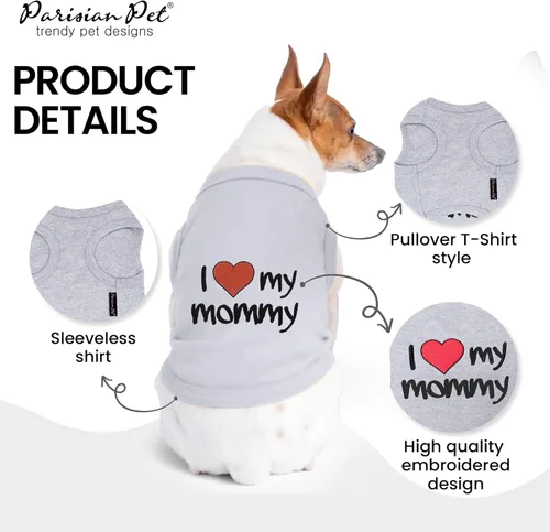 Vista 3 de Playera unisex para perros Parisian Pet con palabras bordadas "I Love My Mommy" - 100% algodón, ropa para mascotas - Chaleco sin mangas - Camisas