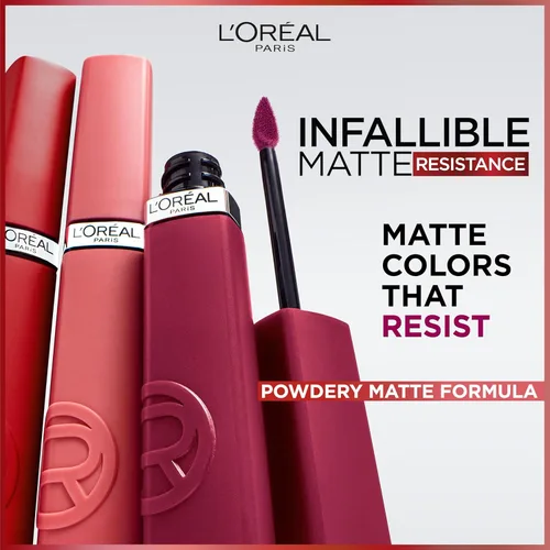 Vista 2 de L’Oréal Paris Infallible Matte Resistance - Labial líquido, hasta 16 horas de duración, tono Fairytale Ending 100, 0.16 onzas líquidas