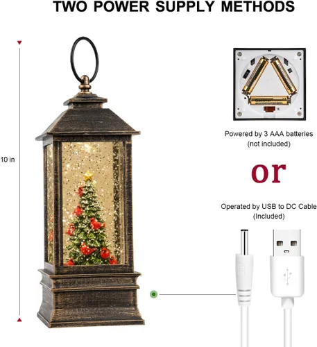 Vista 5 de Linterna de Globo de Nieve de Navidad con Agua Brillante, Árbol de Navidad con Música, USB Conectado/Funciona con Pilas, Linterna Iluminada