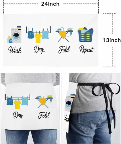 Vista 6 de DecorLovee Cartoon Laundry Room Waitress Apron with 3 Pockets, Modern Minimalist Server Aprons Waterproof Kitchen Restaurant Half Waist Apron for