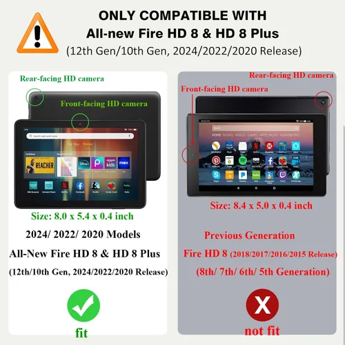 Vista 2 de Funda tipo folio para Yaxa Kindle Fire HD 8 y Fire HD 8 Plus (se adapta tanto a 12ª/10ª generación, 2022/2020) con soporte inteligente de piel