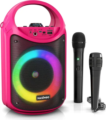 Vista 11 de MASINGO Máquina de karaoke para niños y adultos con 1 micrófono inalámbrico de karaoke y 1 micrófono con cable, altavoz portátil PA con luces LED