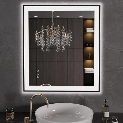 Vista 17 de LOAAO Espejo de baño LED de 20 x 28 pulgadas, marco negro, antiniebla, regulable, espejo de tocador de baño iluminado para pared, función