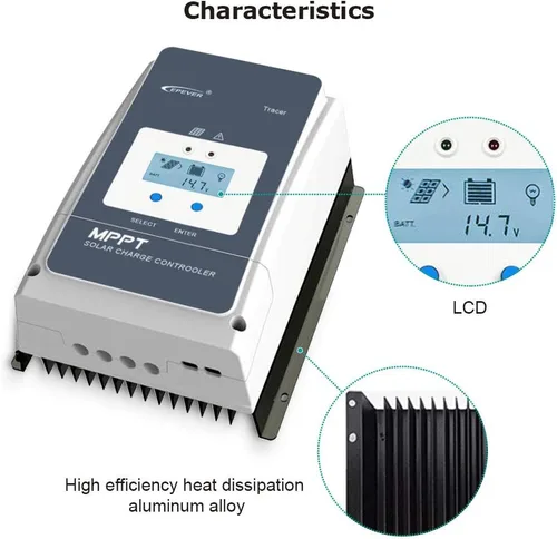Vista 7 de EPEVER Controlador de carga solar MPPT 50A 12/24/36/48VDC Identificación automática del voltaje del sistema con medidor remoto MT52 y sensor