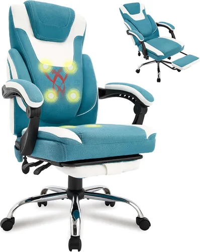 Silla de oficina de masaje con reposapiés, silla de computadora reclinable con vibración de 6 puntos y calor, silla de oficina de tela grande y alta