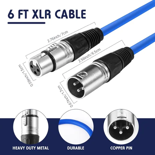 Vista 2 de Copkim Paquete de 10 cables XLR de 6 pies de color mixto, 3 pines, cable de micrófono de arco iris equilibrado, cable de micrófono macho a hembra