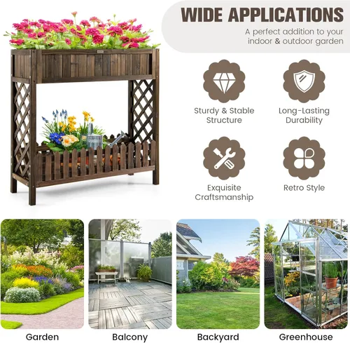Vista 8 de S AFSTAR Cama de jardín elevada de 2 niveles, cama de flores para interiores y exteriores con valla de estante inferior, caja elevada de madera