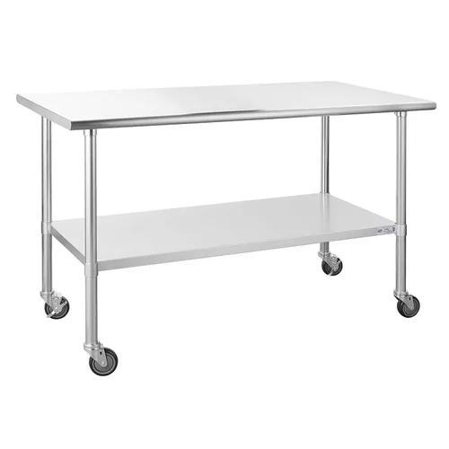 Vista 23 de Mesa de acero inoxidable para preparación y trabajo, con ruedas giratorias, mesa resistente, comercial NSF, con estante inferior y protector