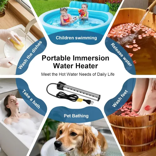 Vista 5 de B013 Calentador de agua de inmersión, calentador de agua caliente portátil de 2000 W con termómetro LCD digital, calentador de cubo con protector