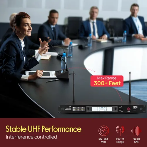 Vista 2 de Pyle Sistema de micrófono inalámbrico con receptor de micrófono de 8 canales Incluye 8 micrófonos de conferencia de escritorio UHF Configuración