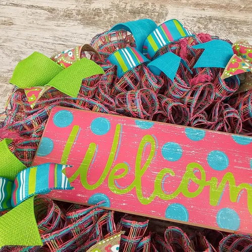 Vista 7 de Summer Spring Welcome Door Wreath - Burlap Mother's Day Gift - Pink Turquoise Lime Green