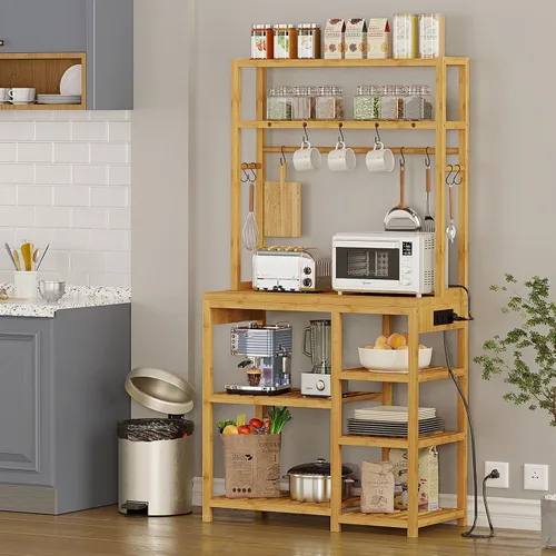 Vista 3 de Estante para panaderos con tomas de corriente, soporte para microondas de 8 niveles, estante de almacenamiento de cocina con 10 ganchos