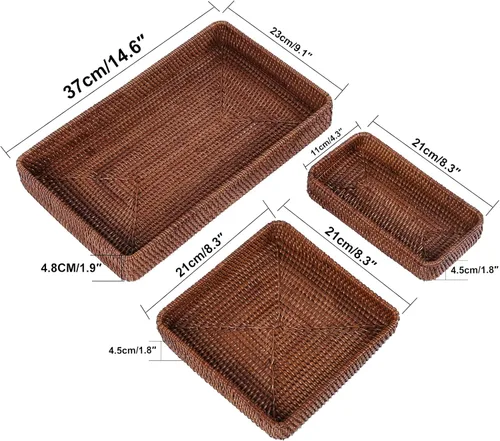 Vista 8 de Bandeja de servir de ratán, bandeja tejida rectangular, cestas decorativas de mimbre natural para organizar la mesa, baño, encimera de cocina Marrón