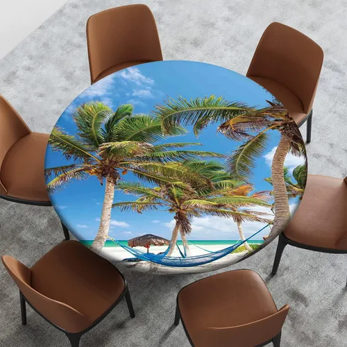 Vista 51 de Cubierta redonda con diseño de playa, borde elástico, picnic al aire libre, patio, fiesta o comedor interior, decoración de mesas de comedor, azul