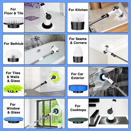 Vista 6 de Limpiador eléctrico giratorio, cepillo de limpieza inalámbrico con 8 cabezales de cepillo reemplazables y mango de extensión ajustable, limpiador