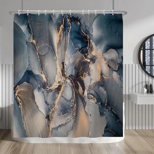 Vista 118 de Baocicco Cortina de ducha de mármol azul abstracto a rayas, decorativa, textura de lujo, línea moderna, decoración de acuarela, juego de cortinas