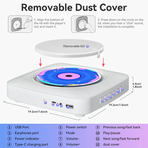 Vista 7 de Reproductor de CD portátil Bluetooth recargable: Reproductores de CD para el hogar con 1800mAh Kegaudio Reproductor de CD de escritorio de pared