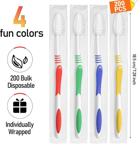 Vista 2 de Honeydak Paquete de 200 cepillos de dientes desechables a granel, envueltos individualmente, multicolor, cerdas suaves, cepillos de dientes de viaje