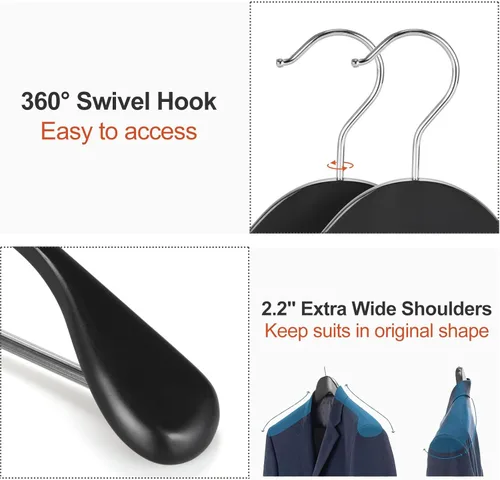 Vista 3 de TOPIA HANGER - Perchas de madera para hombros anchos, perchas para trajes con barra antideslizante para pantalones y gancho giratorio de 360°