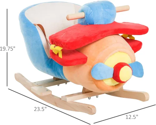 Vista 7 de Qaba Caballo mecedor para niños, silla de avión de felpa de madera con canción de cuna y cinturón de seguridad durante 18 meses +