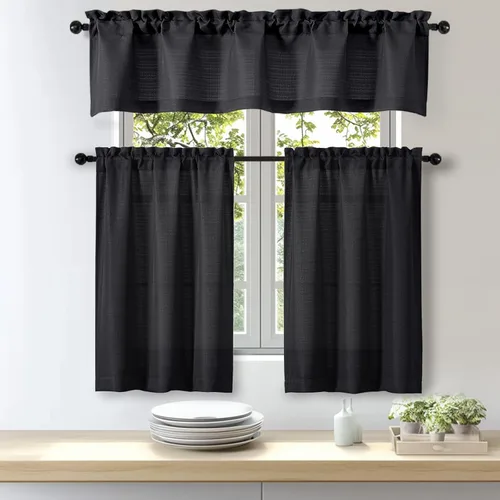 Vista 7 de OWENIE Bob Juego de 2 Paneles de Cortinas Negras de Cocina para Ventanas de 36 Pulgadas de Largo, Cortinas Cortas de Café con Textura de Lino