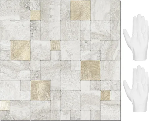 Vista 7 de STICKGOO - Salpicadero adhesivo para cocina, azulejo de salpicadero de PVC con mezcla de metal para cocina, despegar y pegar (10 láminas, gris)