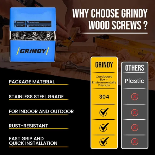 Vista 6 de Tornillos para madera de acero inoxidable #8 x 1 5/8'' de Grindy (paquete de 200/1.1 LBS) – Tornillos autoperforantes para cubierta I Resistentes al