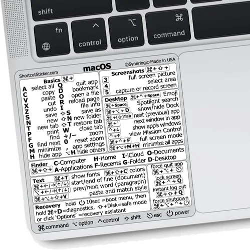 Vista 18 de Synerlogic Pegatina de accesos directos de Mac OS Calcomanías de teclado para macOS Hoja de trucos de vinilo laminado para MacBook para Negro