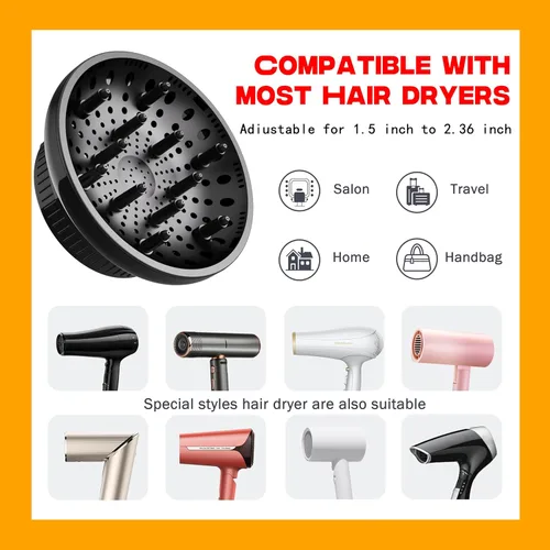 Vista 6 de Difusor de cabello, difusor universal para cabello rizado, difusor de secador de pelo para secar y dar volumen, difusor de cabello para cabello Negro