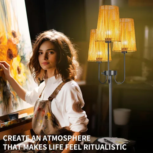 Vista 7 de Lámpara de pie de ratán para sala de estar, lámpara de pie de granja de 3 luces con pantallas de ratán, lámparas altas rústicas de 65 pulgadas