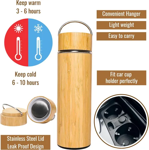 Vista 2 de Botella de agua de bambú aislada para hombres, regalo de cumpleaños, juego de té de viaje para mujeres con difusor para hojas de té sueltas, regalo