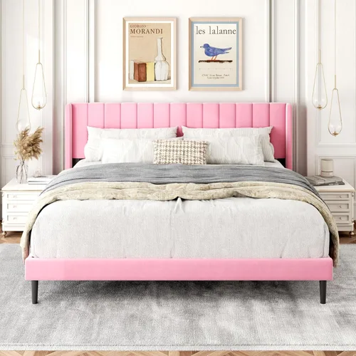 Vista 28 de Base de cama tamaño Queen con cabecera tapizada con respaldo de ala, plataforma de fácil montaje, soporte de listones de madera, no necesita somier