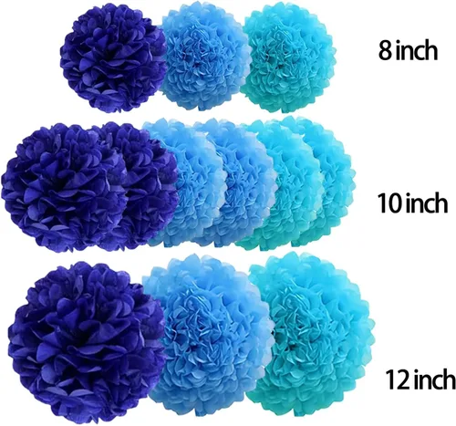 Vista 4 de 12 pompones de papel de seda azules para colgar, pompones de flores para decoración de fiesta de techo