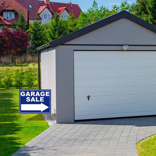 Vista 7 de Amyhill Letreros de venta de garaje con estacas de metal, de doble cara, de plástico corrugado de doble cara, con flechas direccionales para eventos