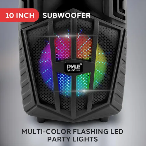 Vista 5 de Pyle 680W Altavoz PA Bluetooth portátil - Altavoz de karaoke recargable de 10" para exteriores, sistema de audio con micrófono inalámbrico y ruedas