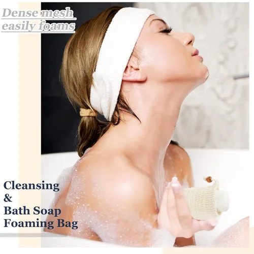 Vista 4 de Cunhill Paquete de 40 bolsas ahorradoras de jabón, bolsa de jabón exfoliante con barra de cordón, cuentas de madera, red exfoliante de espuma