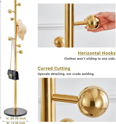 Vista 5 de Stainless Coat Rack Freestanding, Coat Racks Stand with Natural Marble Base, Gold Metal Hall Tree Standing, Heavy Duty Clothing Hanger Entry-way for